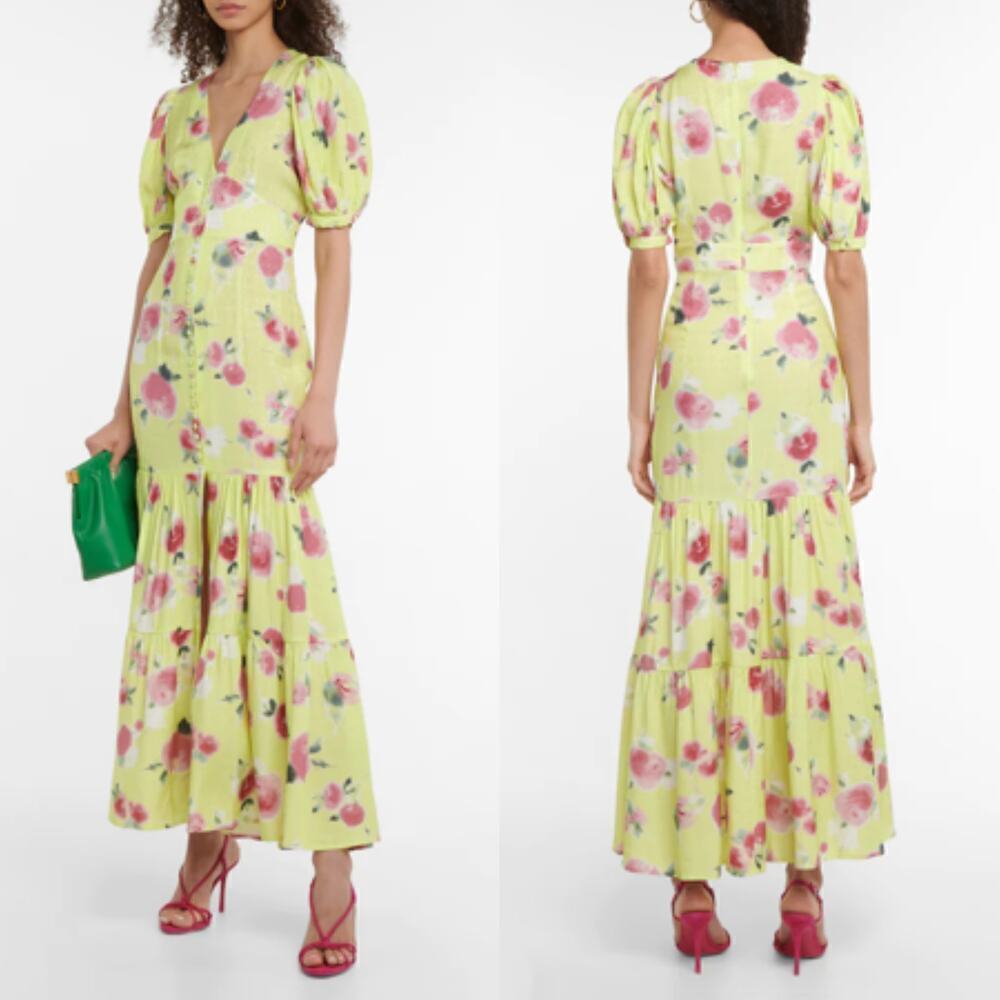 Rotate Birger Christensen Thora Dress Floral Jacquard Puff Sleeve Maxi Yellow 2